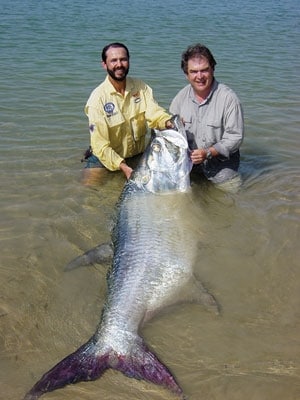 Two anglers holding tarpon caught fishing Guinea-Bissau