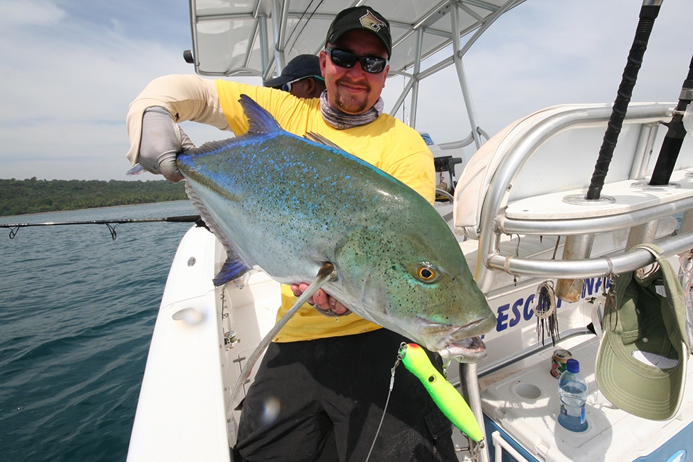 Bluefin trevally caught saltwater fishing popper lure